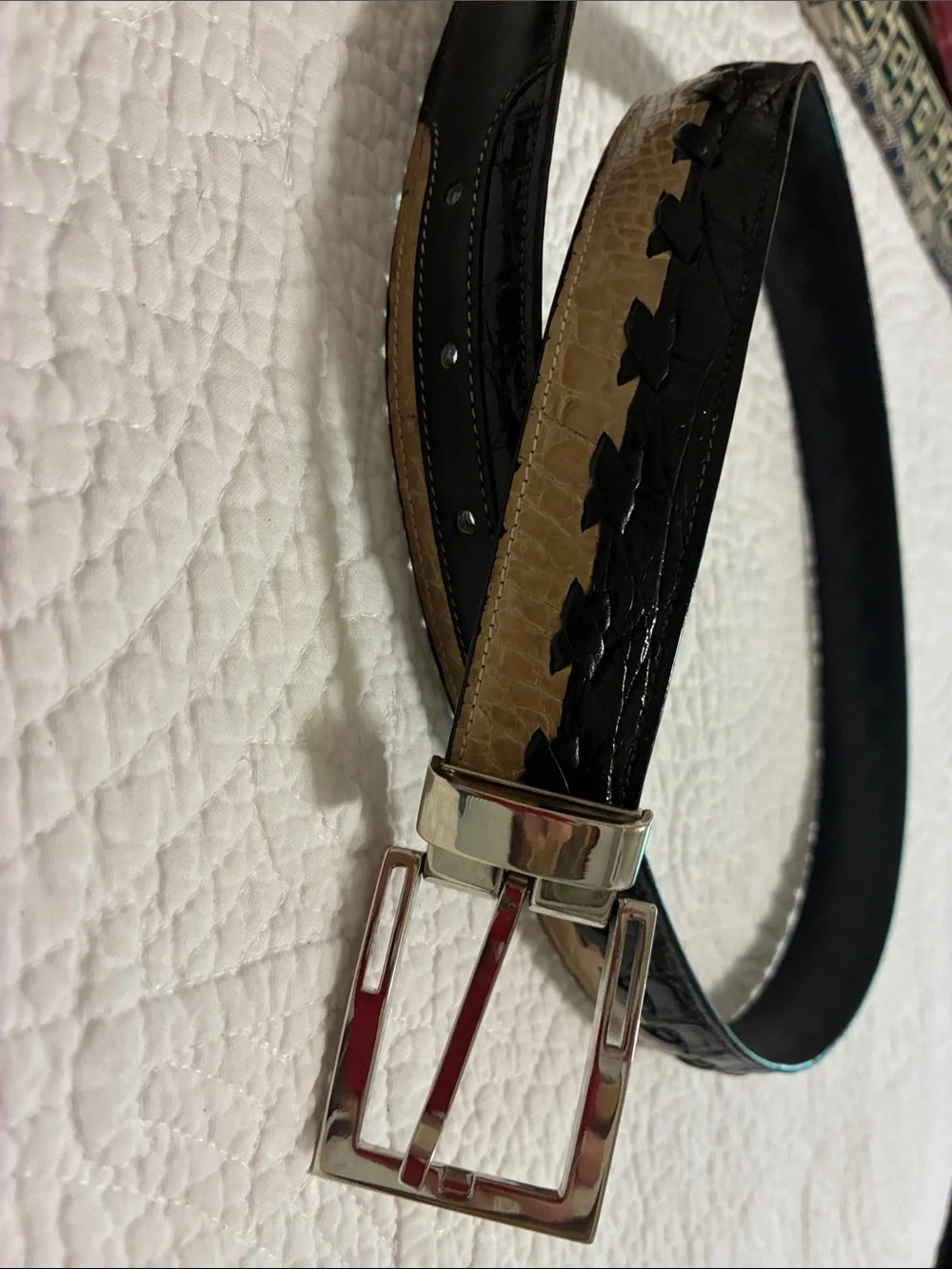 Genuine crocodile two tone belt, buckle made in Italy